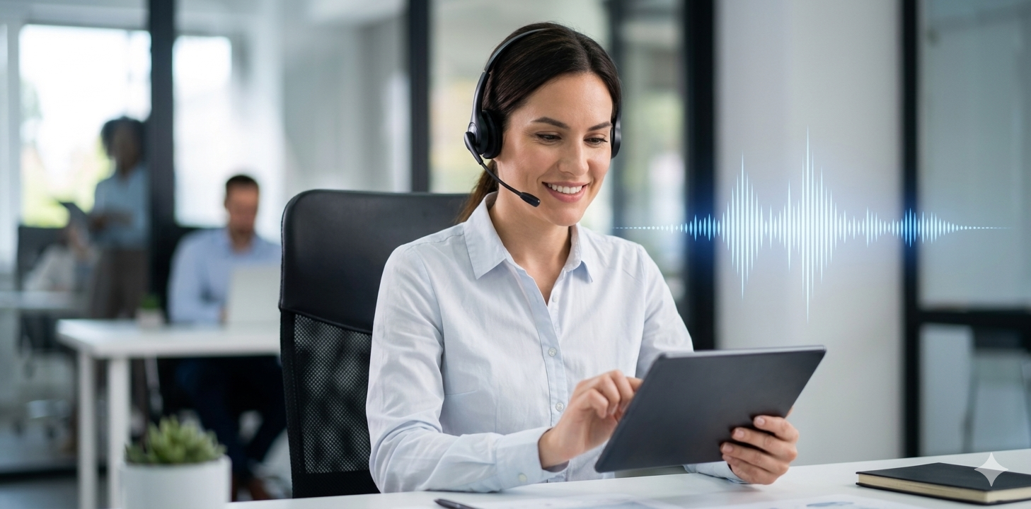 Customer support specialist using a digital tablet with a visual AI voice waveform representing 24/7 conversational AI voice agent services for clinics and real estate.